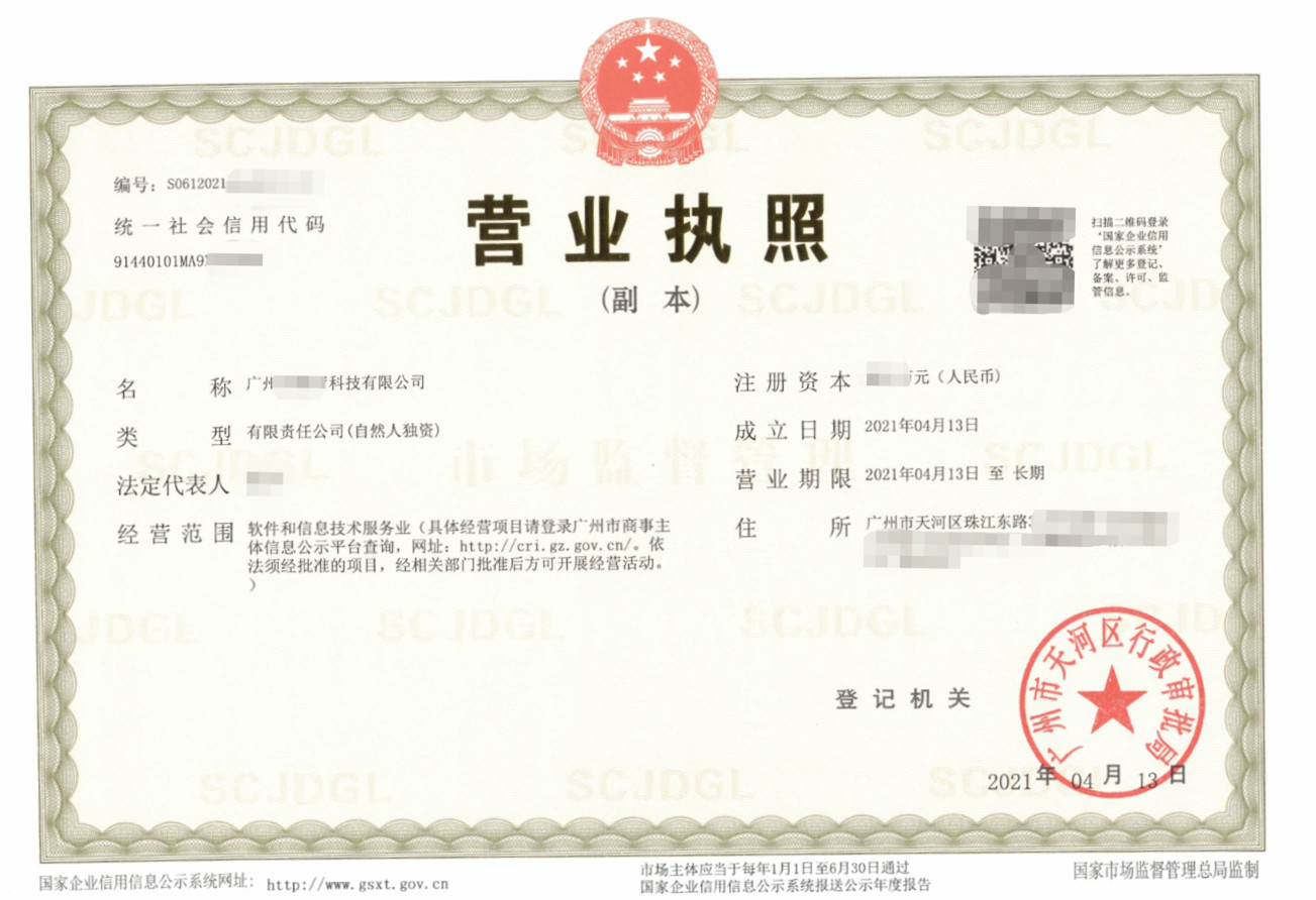 广州某信息科技公司注册代办
