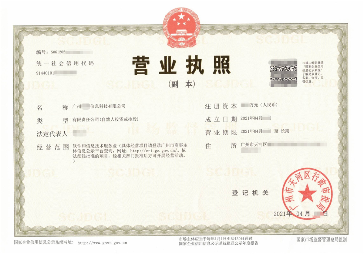 广州某信息科技公司注册代办