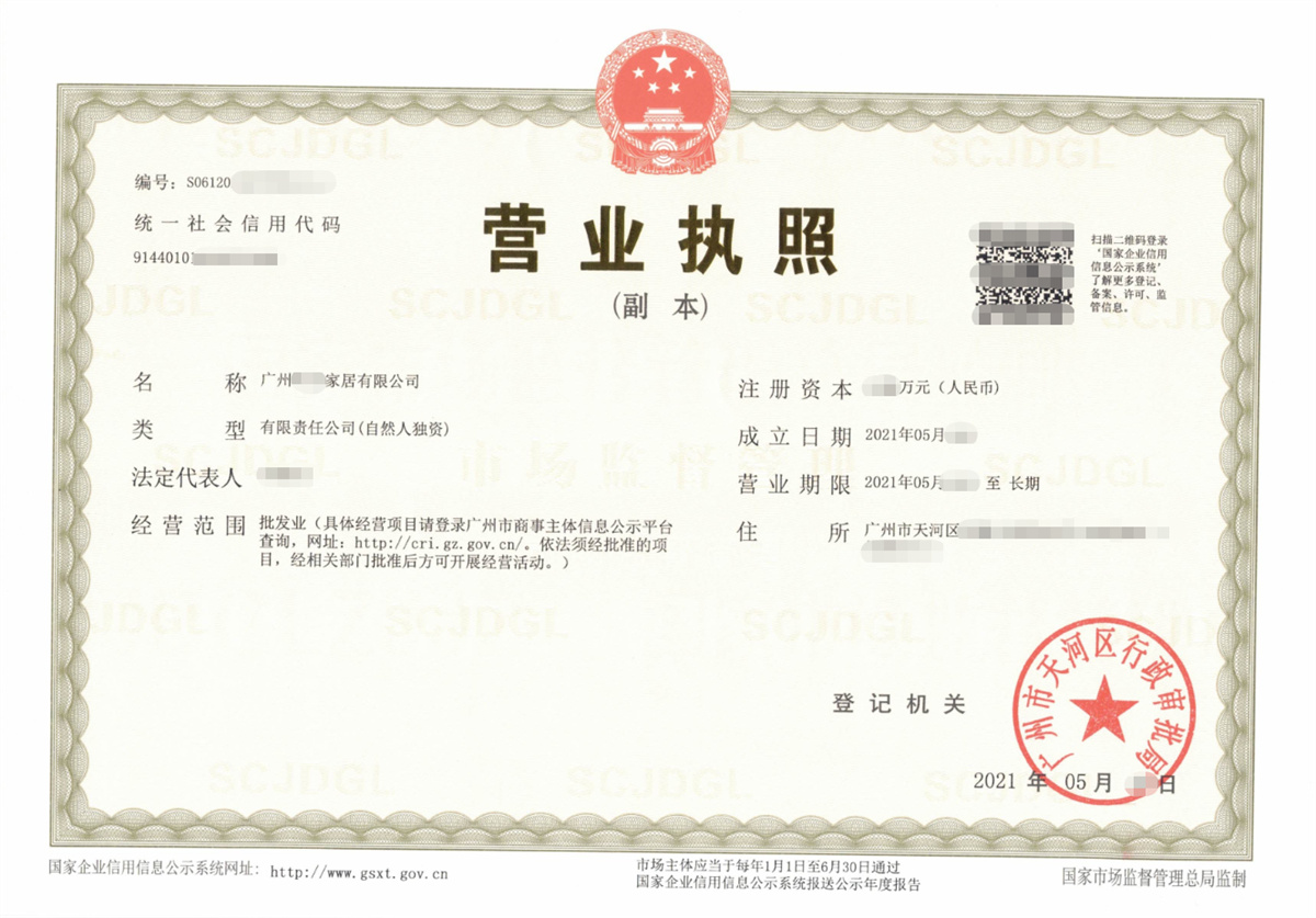 广州天河某家居公司注册