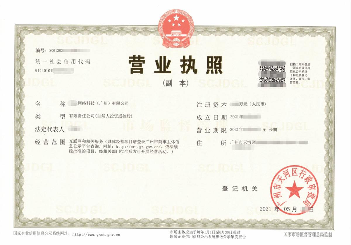 广州天河某网络科技公司注册