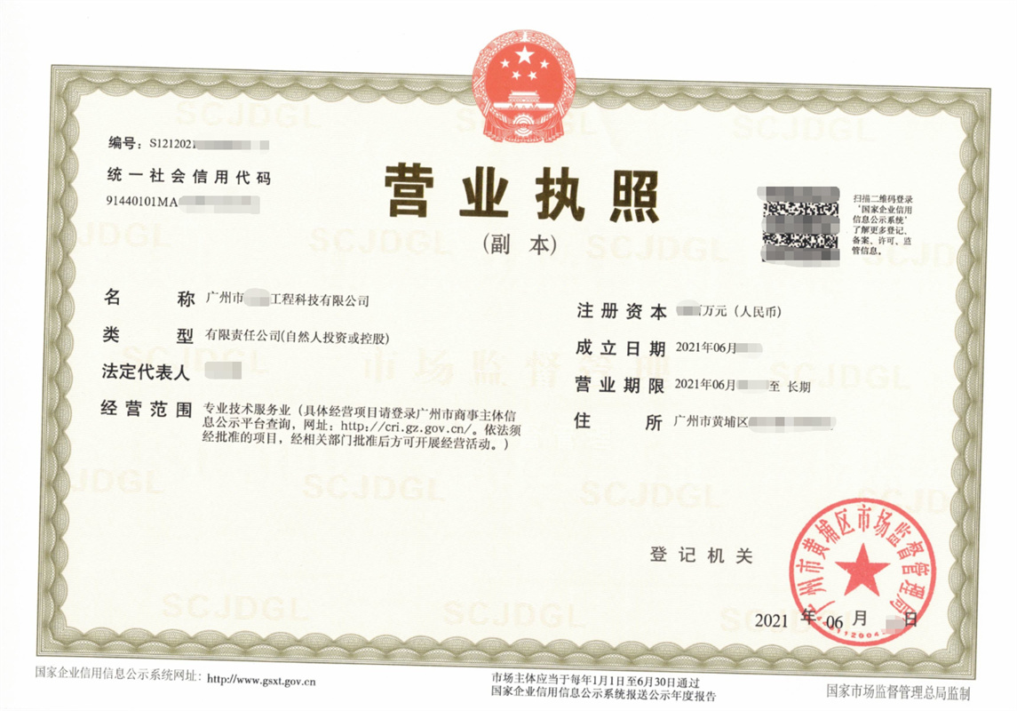 广州黄埔某工程科技公司执照注册代办